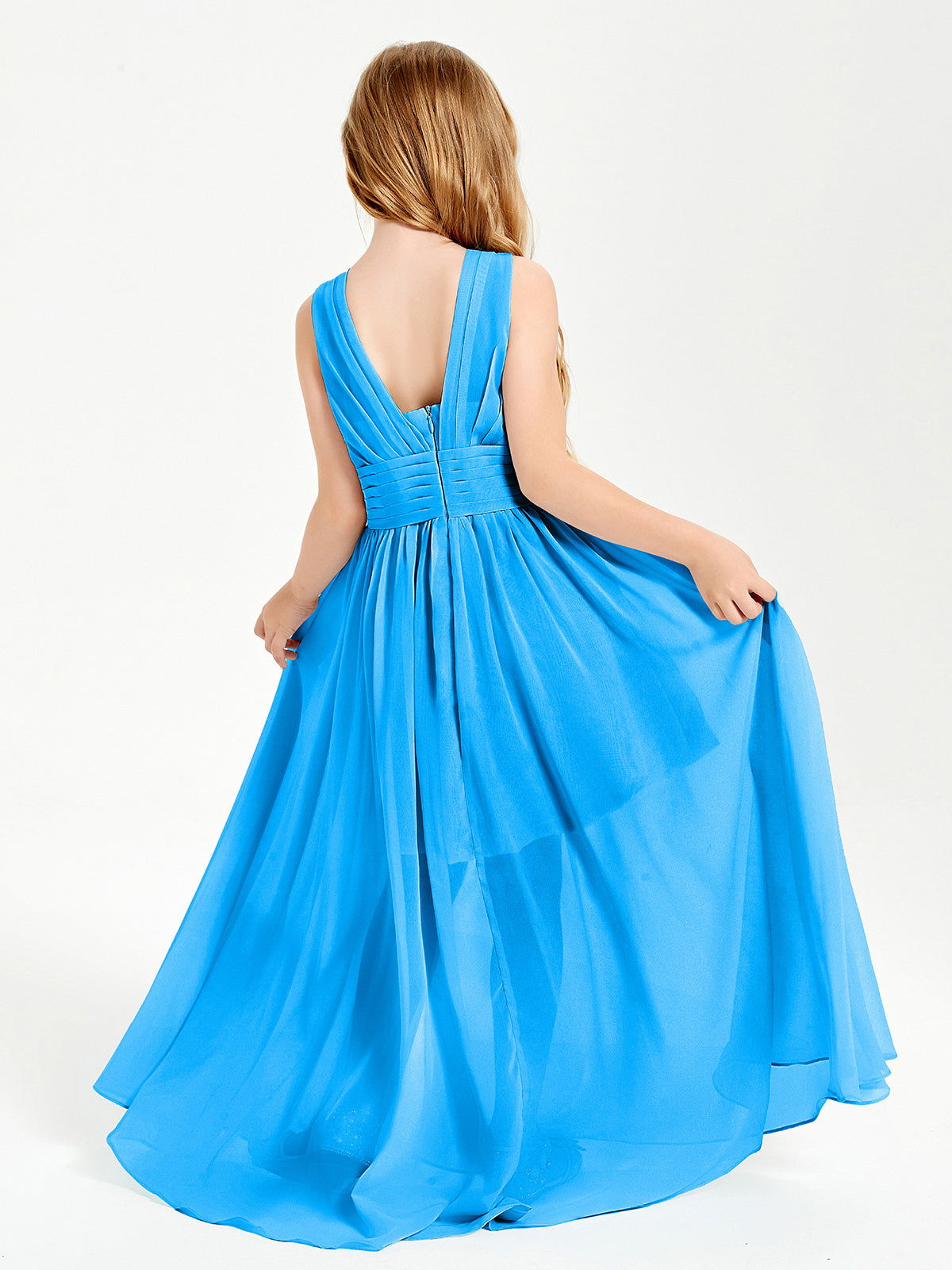 Long V-neck Junior Bridesmaid Dresses Ocean Blue